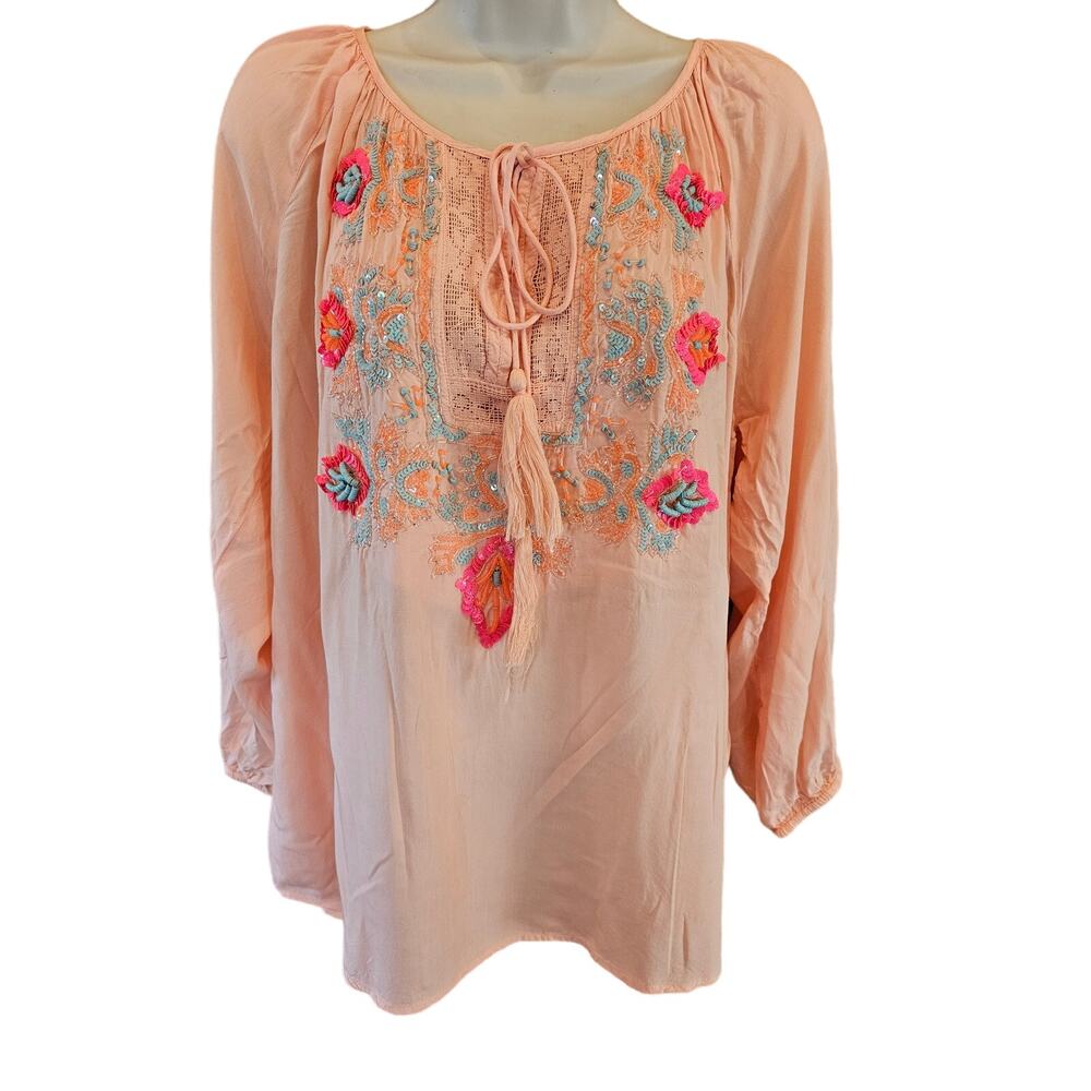 Kyra viscose bamboo peasant sequin detail tunic size Large career tunicl pink ^